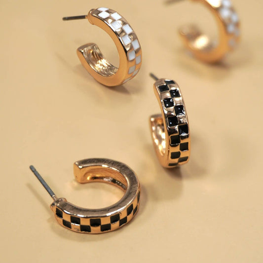 MINI CHECKER HOOP HUGGIE EARRINGS